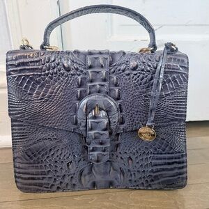 Croc-Embossed Top Handle Satchel - Dark Gray/blue
